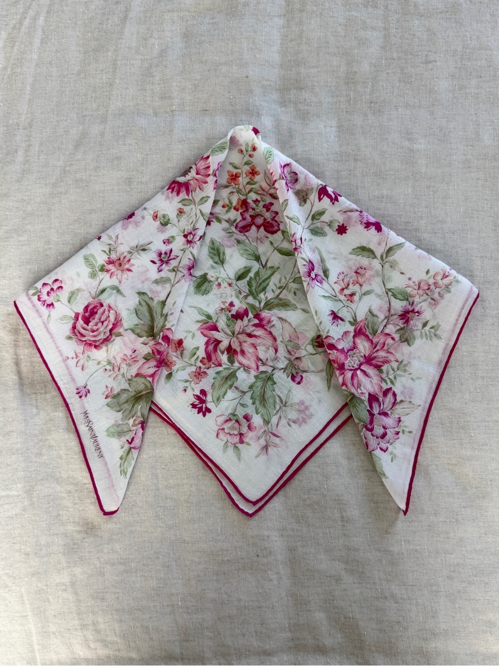 Vintage YSL Romantic Pink Floral Rose Cotton Bandana Scarf Made in Japan - Picture 6 of 9
